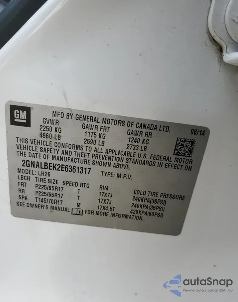 2014 Chevrolet Equinox Lt z USA, uszkodzony, nr VIN 2GNALBEK2E6361317